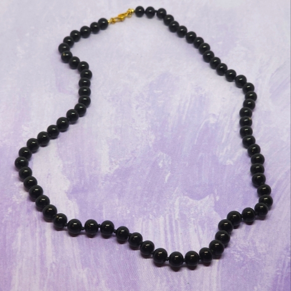 Vintage Monet Black Glass Bead Simple Necklace Gold Tone Clasp - Picture 1 of 7